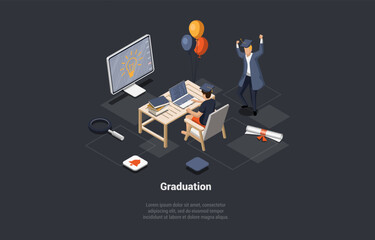 Concept Of Graduation, End Of School And University Courses. Happy Students Celebrate Graduation At Home, Rejoice At The End Of University Or Academic Year . Isometric 3D Cartoon Vector Illustration