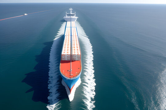 Aerial view of a loaded cargo container ship traveling over calm ocean towards the next commercial port