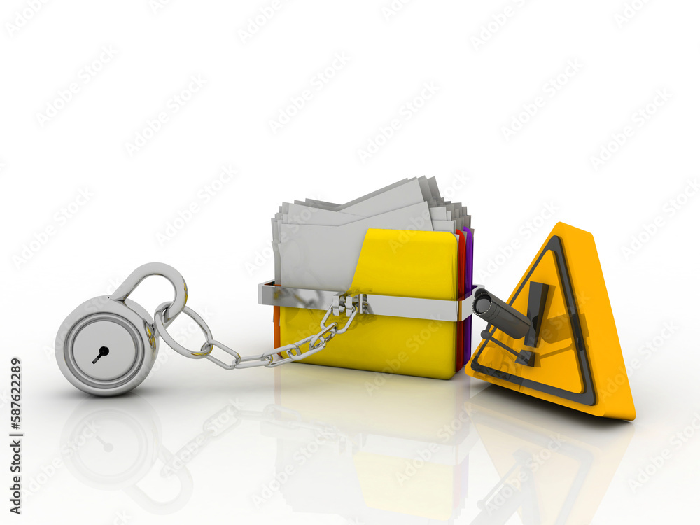 Aufkleber 3d rendering yellow folder and lock. data security concept under cctv camera
