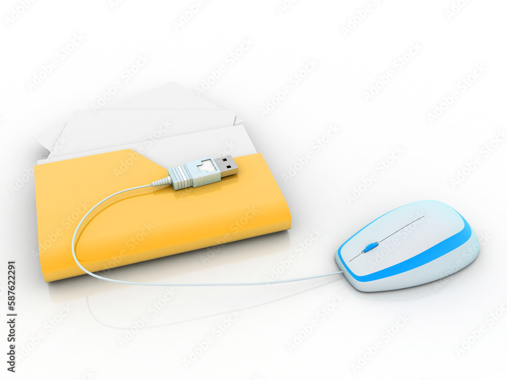 Poster 3d illustration folder with computer mouse. file storage concept