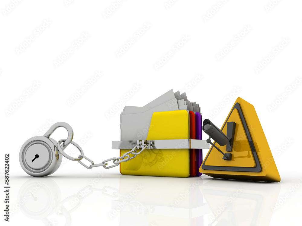 Poster 3d rendering yellow folder and lock. data security concept under cctv camera