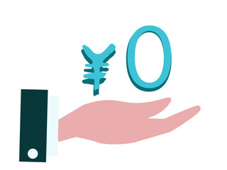 0円の文字を持つスーツの手。無料、手数料、入会費、費用、お見積り。 ベクターイラスト