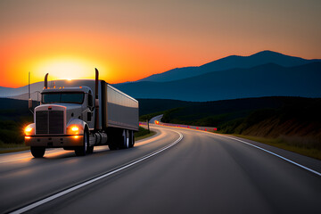 Plakat Truck cistern and highway at sunset - transportation background
