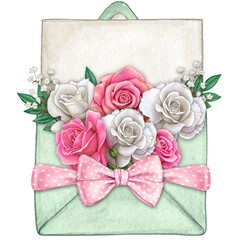 watercolor hand drawn romantic envelope with bow and treats