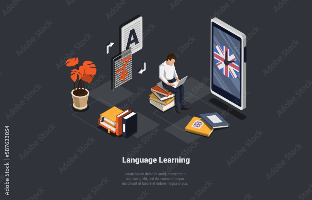 Poster language learn app, student learn foreign language in online school, exam preparation. character use
