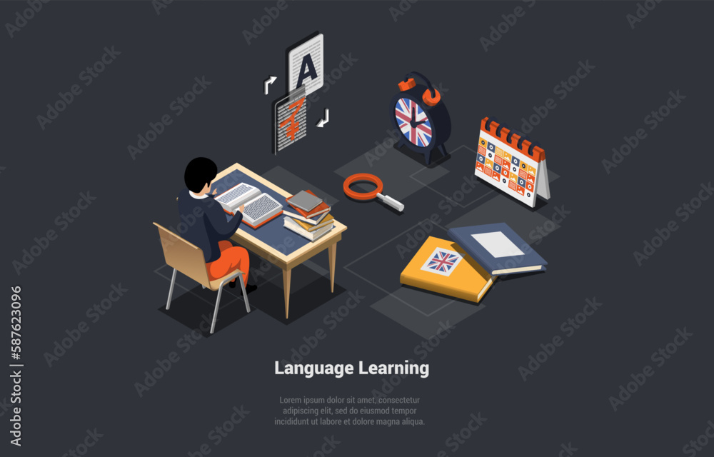 Poster language learn app, student learn foreign language in online school sitting at desktop. character us