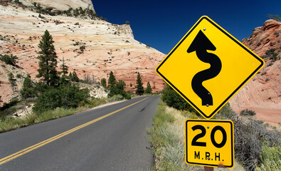 Winding Road (Traffic Sign) in Zion National Park, USA