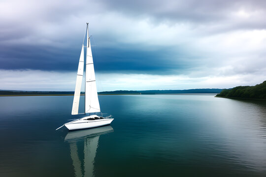 Sailboat Sailing On River Against Cloudy Sky