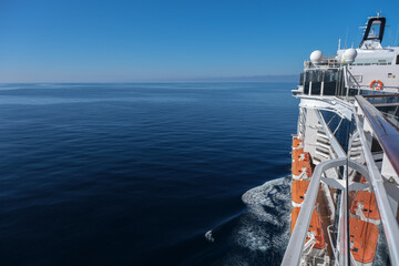 Scenic panoramic seascape view of Ocean and clouds on blue sky on sunny day at sea seen from...