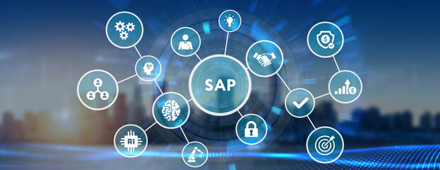 SAP System Software Automation concept on virtual screen data center. Business, modern technology, internet and networking concept. 3d illustration