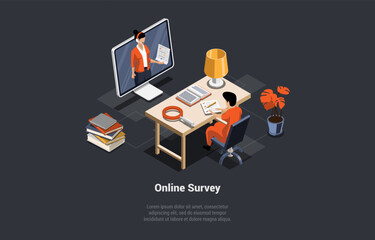 Online Survey, Objective Feedback, Choosing Answer, Make Decision and Research. Man With Online Support Collecting Online Survey, Customer Review, Voting, Checklist. Isometric 3d Vector Illustration