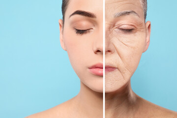 Changes in appearance during aging. Portrait of woman divided in half to show her in younger and...