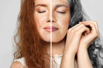 Changes in appearance during aging. Portrait of woman divided in half to show her in younger and...