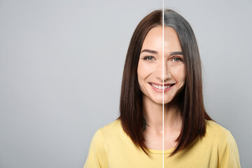 Changes in appearance during aging. Portrait of woman divided in half to show her in younger and...