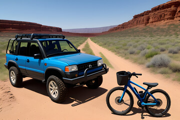 blue suv with bike and kayak off-road