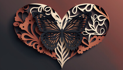 Fototapeta na wymiar illustration of Paper cut design with heart and butterfly. Generative AI