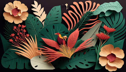 illustration of Tropical flowers theme in paper cut. Generative AI