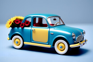 Card with a little toy car delivering bouquet flowers on blue background.