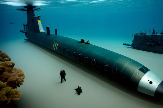 Naval submarine submerge underwater during a mission in open sea