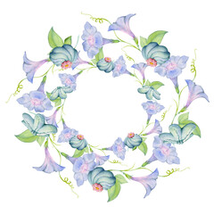 Watercolor hand drawn traditional Japanese sweets. Circle wreath of summer wagashi, morning glory. Isolated on white background. Design for invitations, restaurant menu, greeting cards, print, textile