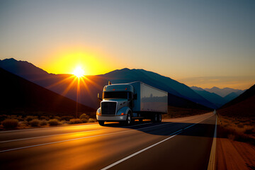 Truck with refrigerated semi-trailer driving on a highway with mountains in the background, side view and the sun shining from behind.