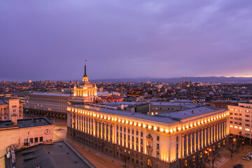 Aerial Sofia Bulgaria shot at cloudy morning sunrise Largo Independence Square and Parliament building. Capital city in Europe, travel to Bulgaria