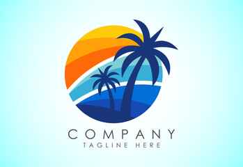 Obraz premium Beach logo design. Sun sunset sunrise with beach ocean sea water logo icon.