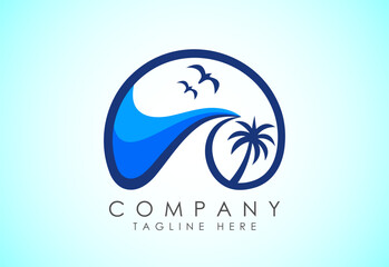 Beach logo design. Sun sunset sunrise with beach ocean sea water logo icon.