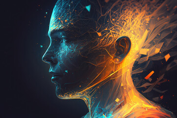 Obraz premium Meditation concept with human head silhouette glowing esoteric neurons in brain AI generated