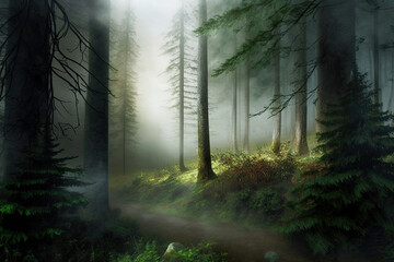 Fototapeta premium Dark rainforest sun rays through trees with dense fog digital illustration AI generated