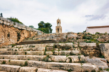 Scenic bell tower view of Panaghia Mesosporitissa a Byzantine single-aisled cruciform church at the...