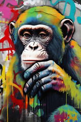 Colorful sad monkey graffiti on the wall, generative AI