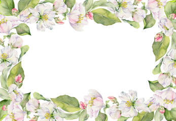 Hand drawn watercolor apple blossom, white and pink flowers with green leaves. Square frame composition. Isolated object on white background. Design for wall art, wedding, print, fabric, cover, card.