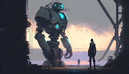scientist standing looking at a gigantic lab robot, digital art style, illustration painting, Generative AI