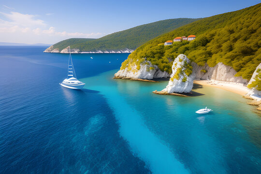 Aerial view of sailing luxury yacht at opened sea at sunny day in Croatia