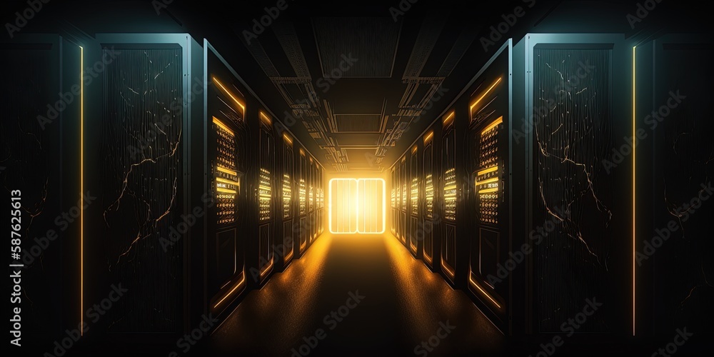 Poster photograph taken from a great distance, showing a row of glowing server containers in an otherwise b