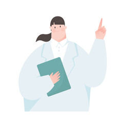 A woman in a lab coat has a clipboard.