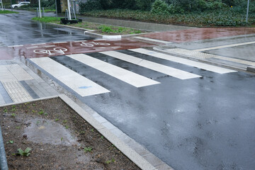 Fototapeta premium Bike path crosses car road in pouring rain
