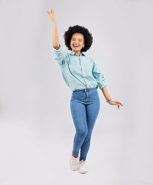 Happy, Dance And Portrait Of A Black Woman With Style Isolated On A White Background In A Studio. Smile, Beautiful And An African Girl With Fashion Sense, Dancing And Showing A Pose On A Backdrop