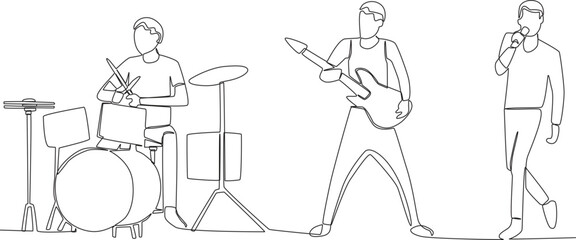 A group of boys performed on stage. Music band one-line drawing