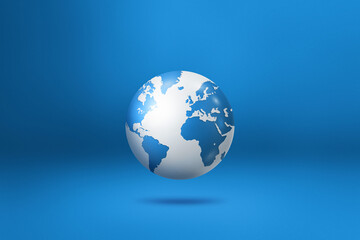 World globe, earth map, isolated on blue. Horizontal background