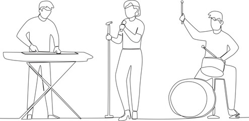 Three men performing a concert. Music band one-line drawing