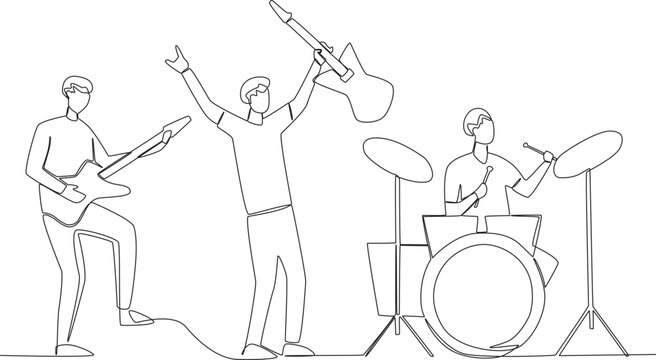 A group of boys playing a music band. Music band one-line drawing