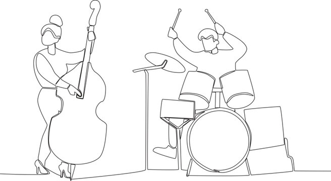 A man and a woman performed a musical. Music band one-line drawing