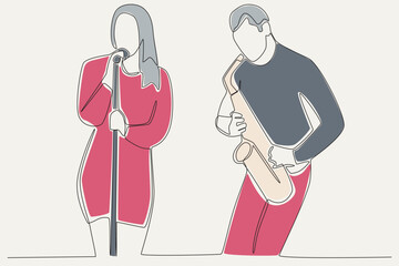 Color illustration of a beautiful woman singing on stage. Music band one-line drawing