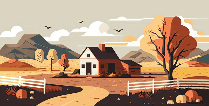 Countyside - Minimalistic flat design landscape illustration. Image for a wallpaper, background, postcard or poster. Generative AI