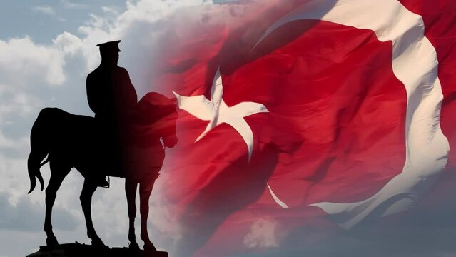 19 mayis Ataturk'u Anma, Genclik ve Spor Bayrami or 19th may Commemoration of Ataturk, Youth and Sports Day background 4k video. Turkish Flag and monument of Ataturk.