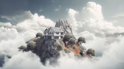 House on the hill in the clouds. 3D Rendering. Ai generative