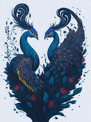 Obraz premium Two peacook birds forming heart shape splash of flowers. AI generated illustration