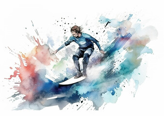 Watercolor abstract illustration of Surfing. Surfing in action during colorful paint splash, isolated on white background. AI generated illustration.